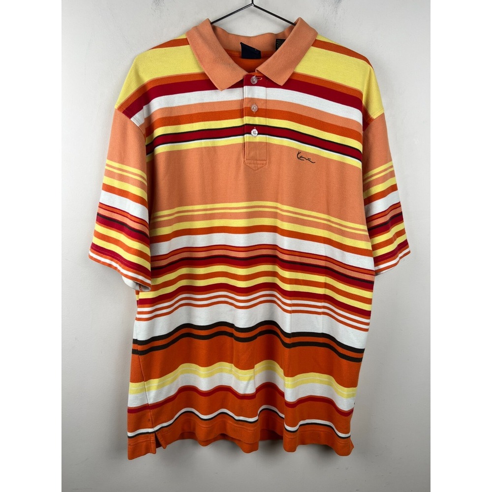 Karl Kani Gold Mens XL Striped Polo Shirt Orange Yellow Short Sleeve Streetwear
